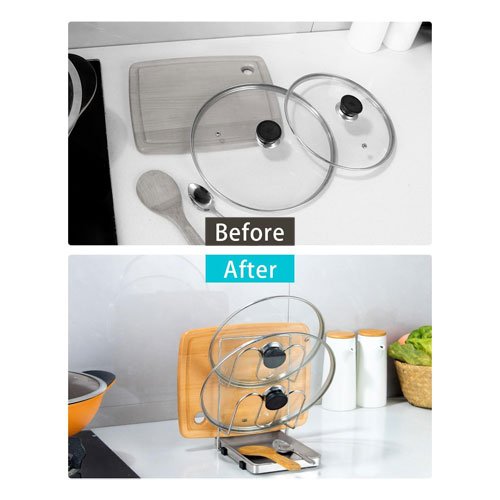 YQh Pot Lid Holder, Two-Compartment Stainless Steel Cooking Rack, Spoon Rest with Lid Holder, Spatula Holder for Counter, Stove Top Shelf Spoon and Lid Rest, Pot Lid Organizer