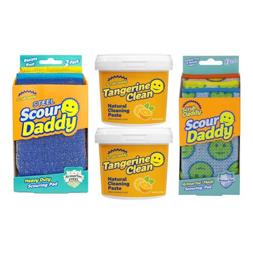 Scrub Daddy Deep Clean Kit - Scour Daddy Scour Pads (3ct), Steel Scrubbing Sponges (2ct) & Tangerine Multi Surface Cleaner (2ct) - Kitchen + Household Cleaning Supplies Pack (7 Pieces Total)